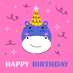 Birthday greeting card. Hippo in cap on pink background. Holiday and festival, celebration. Present and gift, surprise. Cute animal with text. Cartoon flat vector illustration