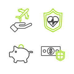Set line Money with shield, Piggy bank, Life insurance and Plane hand icon. Vector