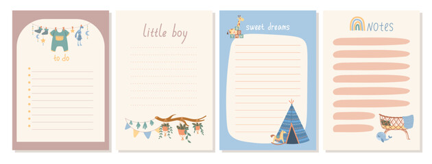 Boho baby daily planners set. Space for notes and to do list. Sheets of notebook or diary. Organization of effective educational process. Cartoon flat vector illustrations isolated on white background © Mental Health