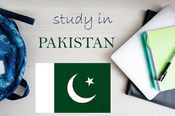 Study in Pakistan. Background with notepad, laptop and backpack. Education concept.
