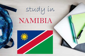 Study in Namibia. Background with notepad, laptop and backpack. Education concept.