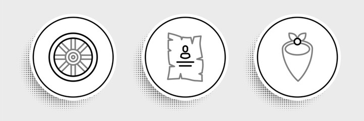 Set line Cowboy bandana, Old wooden wheel and Wanted western poster icon. Vector