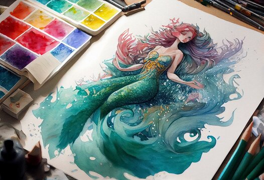 Mermaid tale watercolor. Generative AI