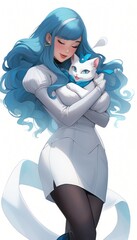 Manga style cartoon woman with blue hair and white stockings, concept art - generative ai