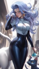 Manga style cartoon woman with blue hair and white stockings, concept art - generative ai