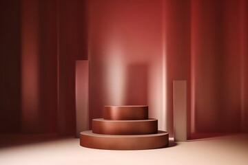 Obraz premium Three layers of red product presentation podium connected to each other. stage showcase on pedestal. stand for cosmetic products. red background light and shadow. Generative AI