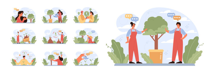 Gardening and planting set. Character taking care of plants, flowers