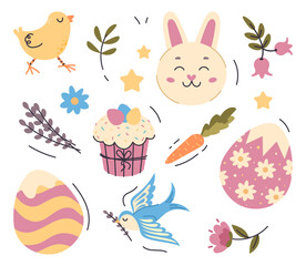Easter element collection. Set of colorful eggs, branches and brush. Bunny, carrot and Easter cake. Spring traditional holiday. Cartoon flat vector illustrations isolated on white background