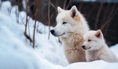 Fototapeta premium wolf baby and a puppy are enjoying each other's company while playing in the winter snow. generative AI