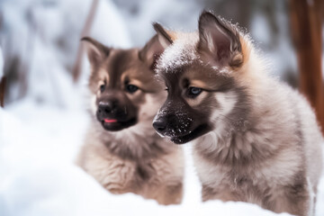 wolf baby and a puppy are enjoying each other's company while playing in the winter snow. generative AI