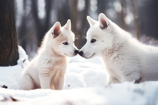 wolf baby and a puppy are enjoying each other's company while playing in the winter snow. generative AI