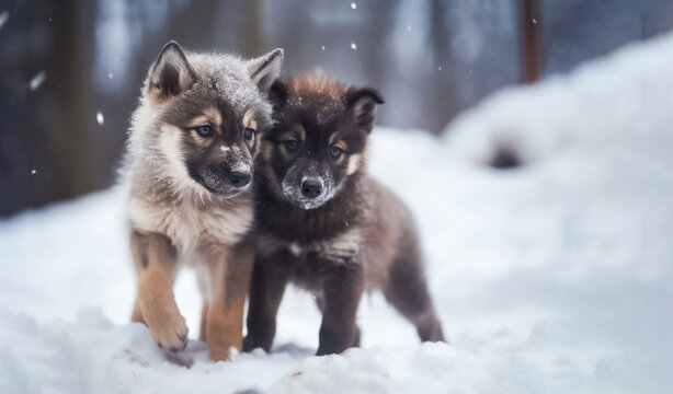 wolf baby and a puppy are enjoying each other's company while playing in the winter snow. generative AI