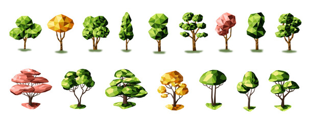 Set of low poly trees. Geometric 3D trees. Entourage elements for the landscape design. Vector.