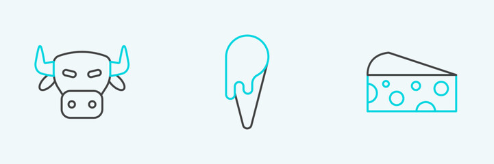 Set line Cheese, Cow head and Ice cream in waffle cone icon. Vector