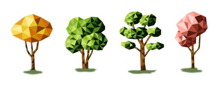 Set of low poly trees. Geometric 3D trees. Entourage elements for the landscape design. Vector.