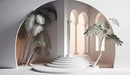 Antique entrance with steps. Green plants. Product podium. White-green tone. Banner. Generative AI