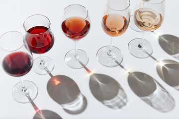 Wine glasses standing in a line, filled with different red, white and rose wine against white background. Reflection and shadows. Concept of taste, alcohol, wine degustation, winemaking. Flat lay