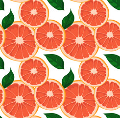 Round slices of grapefruit with green leaves. Bright and modern pattern. Seamless pattern in vector. Suitable for prints and backgrounds.