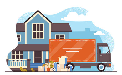 House moving concept. Truck and cardboard boxes stand near house. Ball and plant in pot near transport. Moving and services of movers and couriers. Cartoon flat vector illustration