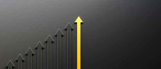 Leadership and growth concept, yellow arrow standing out from the crowd of black arrows, on black background with empty copy space on right side. 3D Rendering