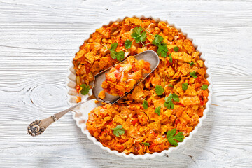 nacho chicken cheese casserole in baking dish