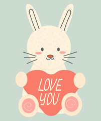 Cute Textured Rabbit With Love Heart Cartoon Vector Illustration. Flat Cartoon Style