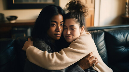 Caucasian female friend comfort mix race afro-european friend on the couch inside home, young female adult console her depress friend, generative ai