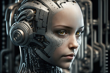 Fototapeta premium ヒューマノイドロボットの頭部の機械構造のクローズアップ Generative AI 