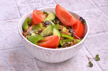 Salad slices of raw vegetables with lentils