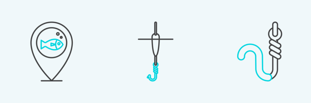 Set line Fishing hook and worm, Location fishing and float icon. Vector