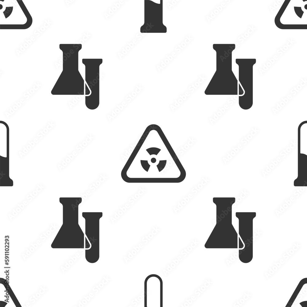 Aufkleber set test tube and flask, triangle with radiation and test tube and flask on seamless pattern. vector