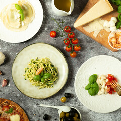 Fettuccine pasta Italian cuisine. Italian cuisine dishes. italian table