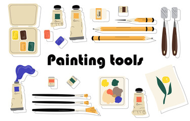 Painting tools set. Collection of brushes, paints and pencils. Workshop inventory, equipment. Canvas, painting and palette, erasers. Cartoon flat vector illustrations isolated on white background