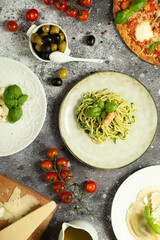 Fettuccine pasta Italian cuisine. Italian cuisine dishes. italian table