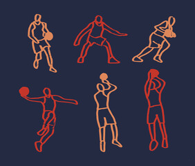 Collection of basketball designs in grunge style, sketch, engraving. Hand drawing. Vector set of Basketball players silhouettes. Basketball silhouettes