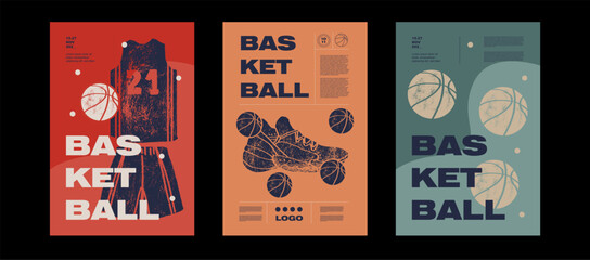 Basketball uniform, ball, shoes. Collection of basketball designs in grunge style, sketch, engraving. Hand drawing. Sports print, cover, template, sports covers, basketball hoop.
