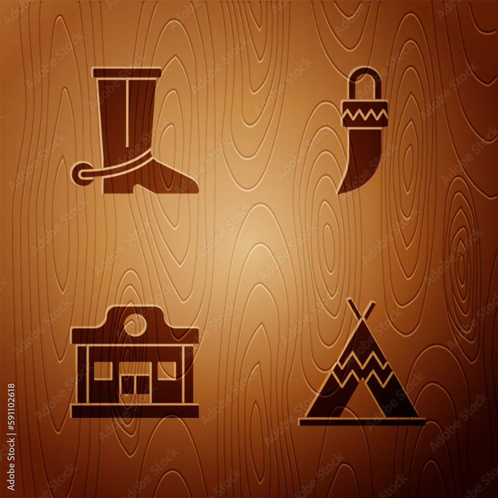 Canvas Prints set indian teepee or wigwam, cowboy boot, wild west saloon and tooth on wooden background. vector