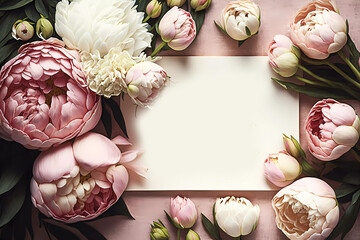 Pink peonies on a pink background. Frame. Greeting card for mother's day, father's day, birthday. Generative AI
