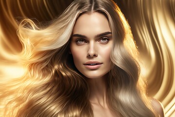 Fototapeta premium Stunning girl model showcasing blond hair product with poses (Ai generated)
