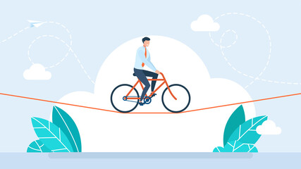 Businessman is riding a bicycle on the rope. Acrobat, performer, challenge concept. Young man acrobat circus artist riding on bike on rope over blue sky. Confidence skill success. Flat illustration © Yurii