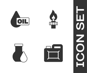 Set Canister for motor oil, Oil drop, petrol test tube and rig with fire icon. Vector