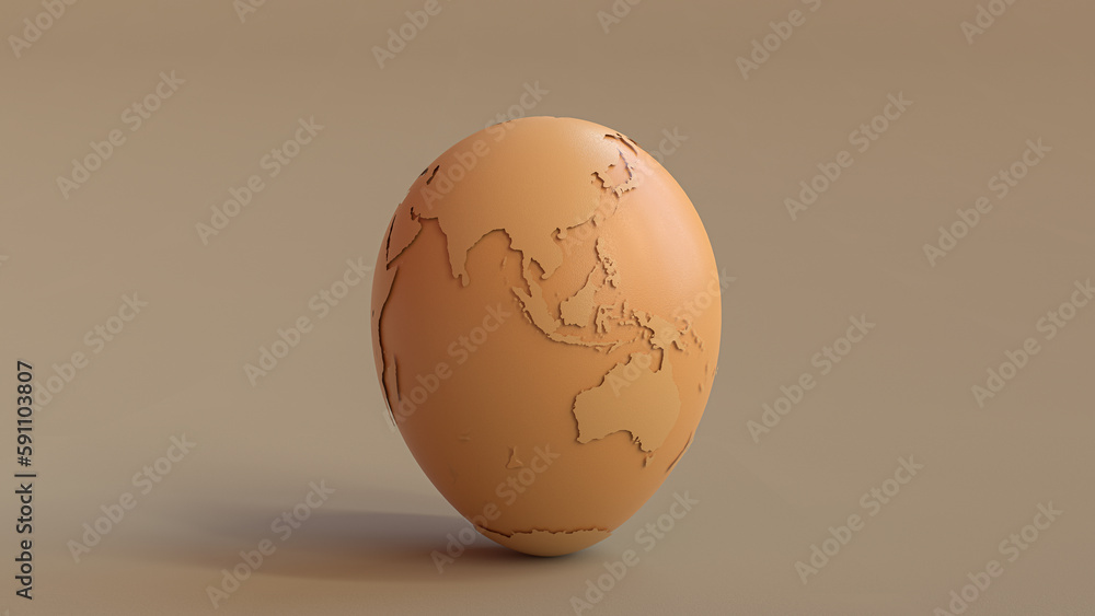 Poster earth globe that looks like an egg on brown background. concept of world is fragile like an eggshell