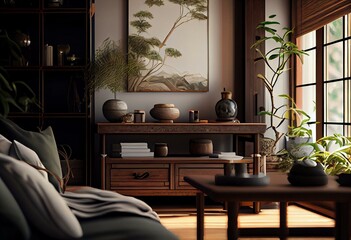 Japandi style conceptual interior room 3d illustration. Generative AI