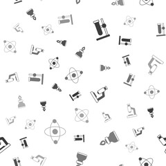 Set Test tube flask on stand, Alcohol or spirit burner, Microscope and Atom on seamless pattern. Vector