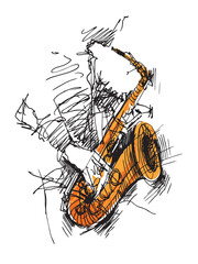 Jazz saxophone player. Line drawing of a saxophonist. Jazz poster. Vector illustration jazz musician playing the saxophone. Blues Club - obrazy, fototapety, plakaty