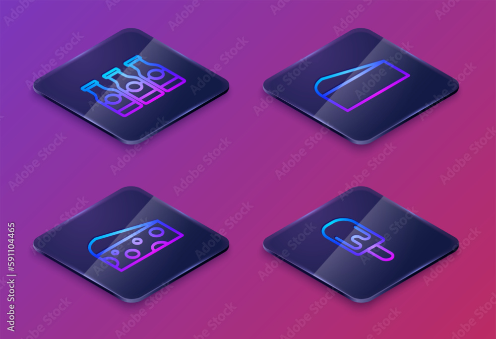 Sticker set isometric line bottle with milk, cheese, and ice cream. blue square button. vector