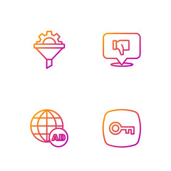 Set line Key, Advertising, Sales funnel with gear and Dislike speech bubble. Gradient color icons. Vector