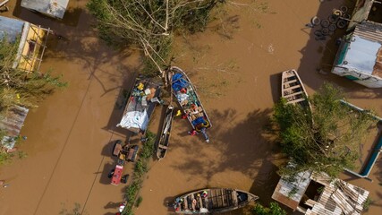 Aerial of the poor population of Africa living in old buildings during the flood