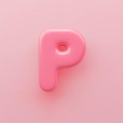 3D Pink uppercase letter P with a glossy surface on a pink background.