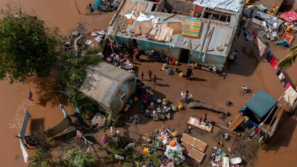 Aerial of the poor population of Africa living in old buildings during the flood